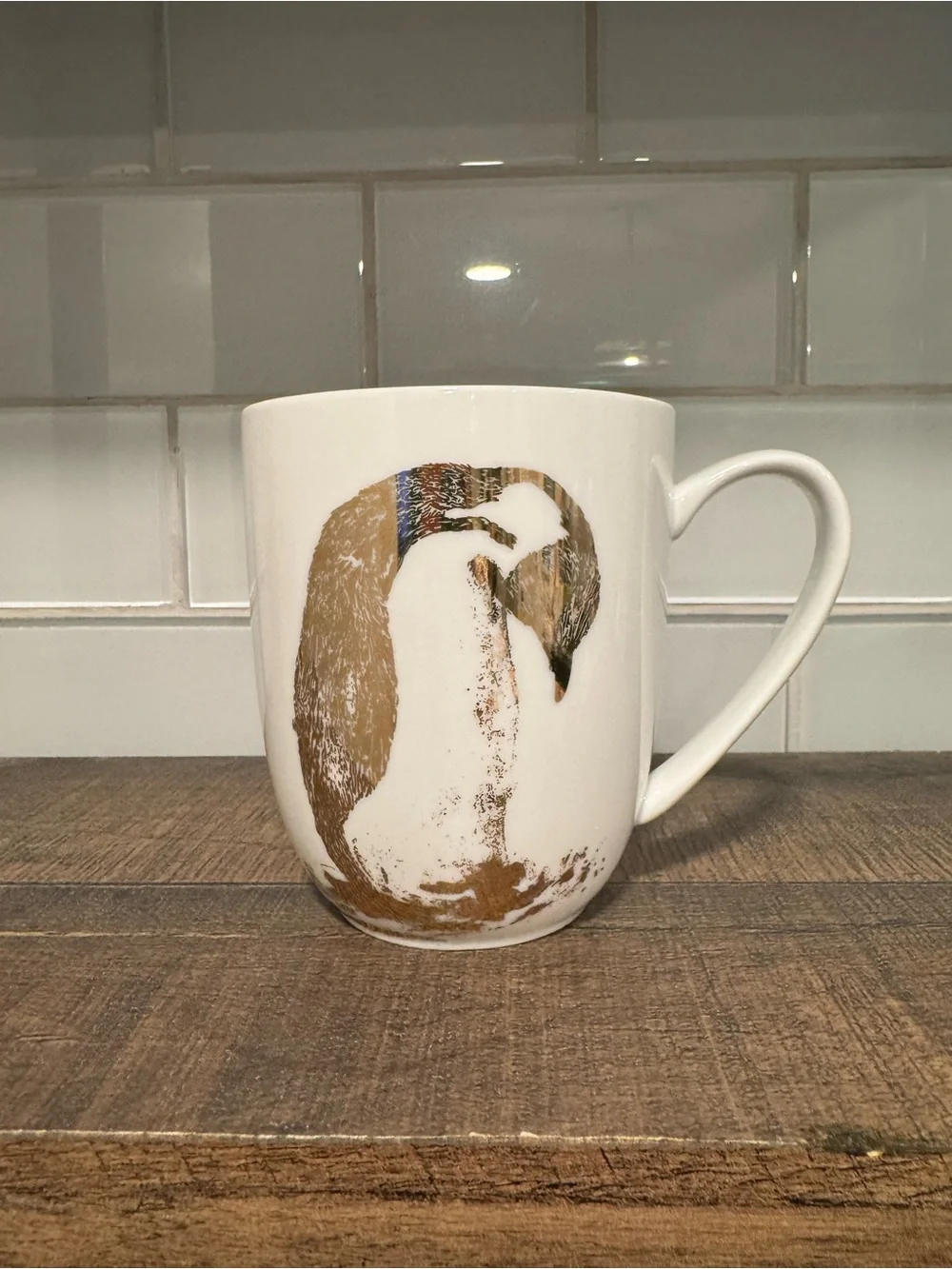 Pier 1 Gold Penguin Print on White Porcelain Coffee Mug - Set of 4